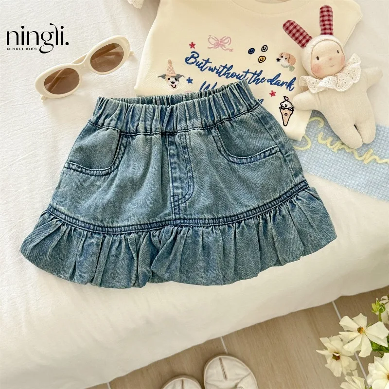 2026 New Summer Half Body Denim Skirt for Girls Baby Short Skirt with Ruffles Mini Bodycon Dress Fish Tail Style