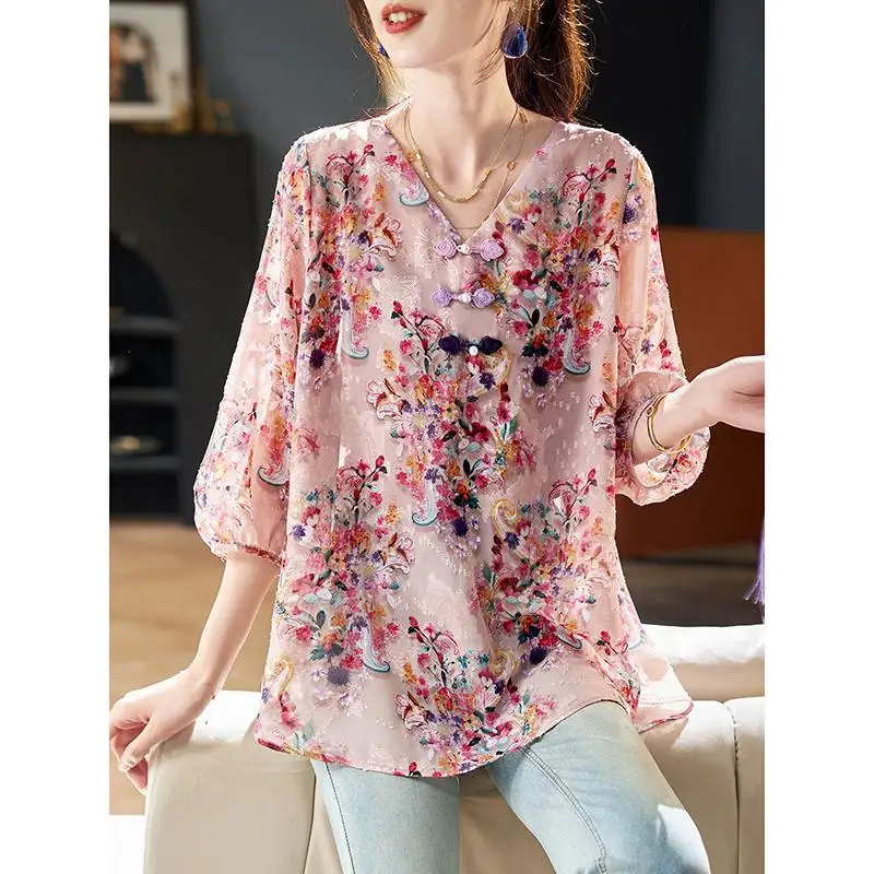 Simplicity Office Lady New Summer Thin Style Women\'s V-neck Printing Frog Fashion Elegant Loose 3/4 Sleeve Chiffon Shirt Tops