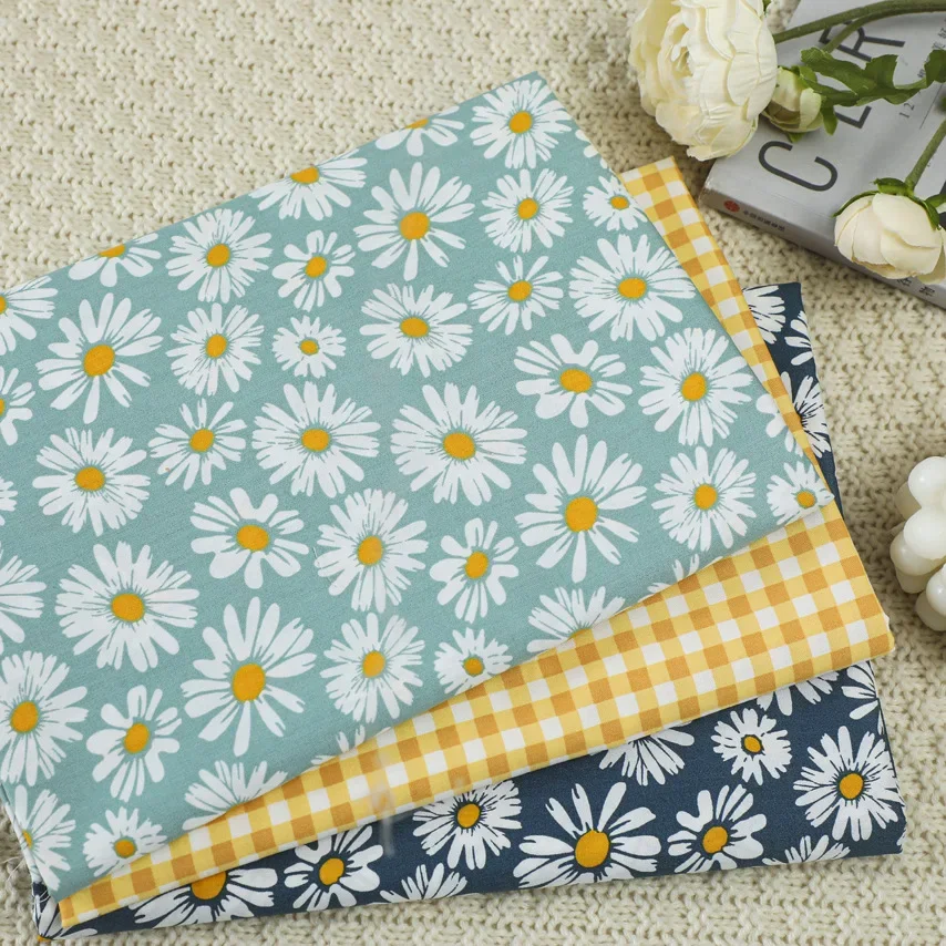 

160x49cm Fresh Blue Floral Yellow Lattice Twill Cotton Sewing Fabric, Making Clothes Bedding Home Decoration Cloth