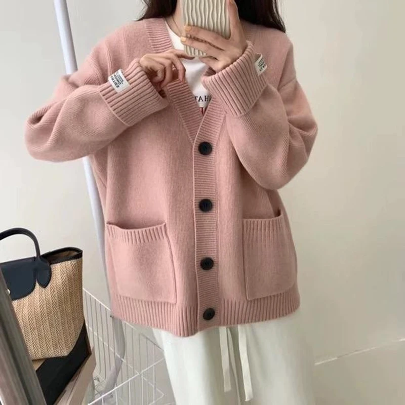 

Vintage V Neck Knitted Cardigans Women Korean Single Breasted Loose Sweater Cardigan Woman Warm Pocket Long Sleeve Cardiagn Coat