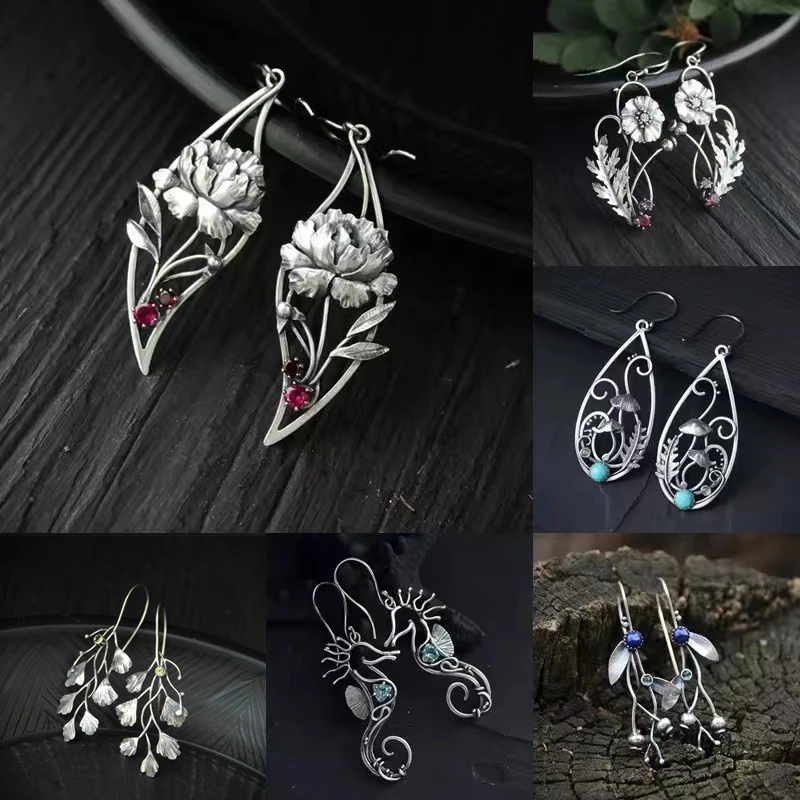 Vintage Silver Color Drop Earring Mushroom Elven Forest Leaf Flower Dangle Earrings For Women Nature Botanical Statement Jewelry