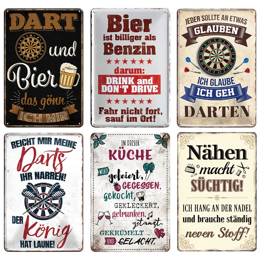 2D Flat Design - German Humor Metal Sign Set, 6pcs Total - Retro Vintage Style Wall Art, Includes Funny Quotes, Size 20.32X30.48