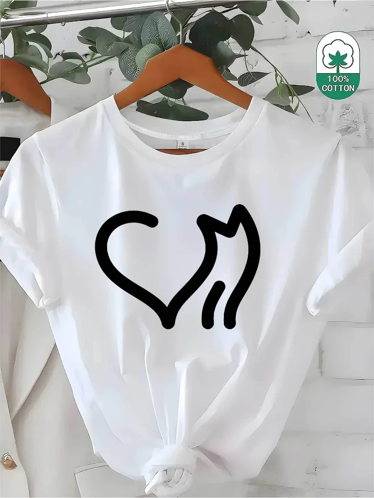 여성용 부드러운 티셔츠 심플한 흑백 고양이 프린트 탑 캐주얼 편안함 일상 착용 여행 친화적 미니멀리스트 스타일