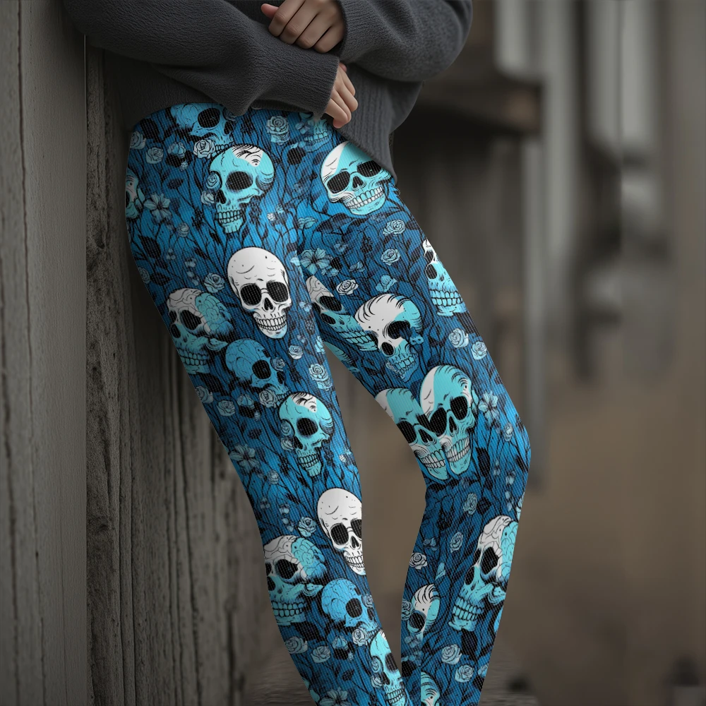 Edgy Women's Skull and Rose Print Leggings Gothic Punk Style High-Waisted All-Over Pattern for Casual Party and Yoga Wear