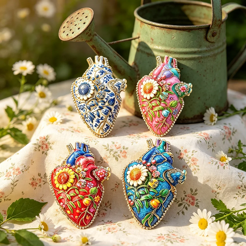 Vintage Anatomical Heart Enamel Brooch, Floral Heart Lapel Pin, Gothic Corsage for Coat Scarf, Women Unique Jewelry Gift