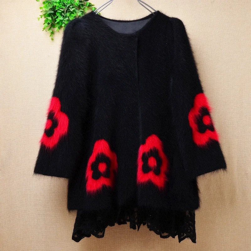 

Ladies Women Fall Winter Clothing Black Hairy Mink Cashmere Knitted Three Quarter Sleeves Loose Cardigans Angora Jacket Sweater