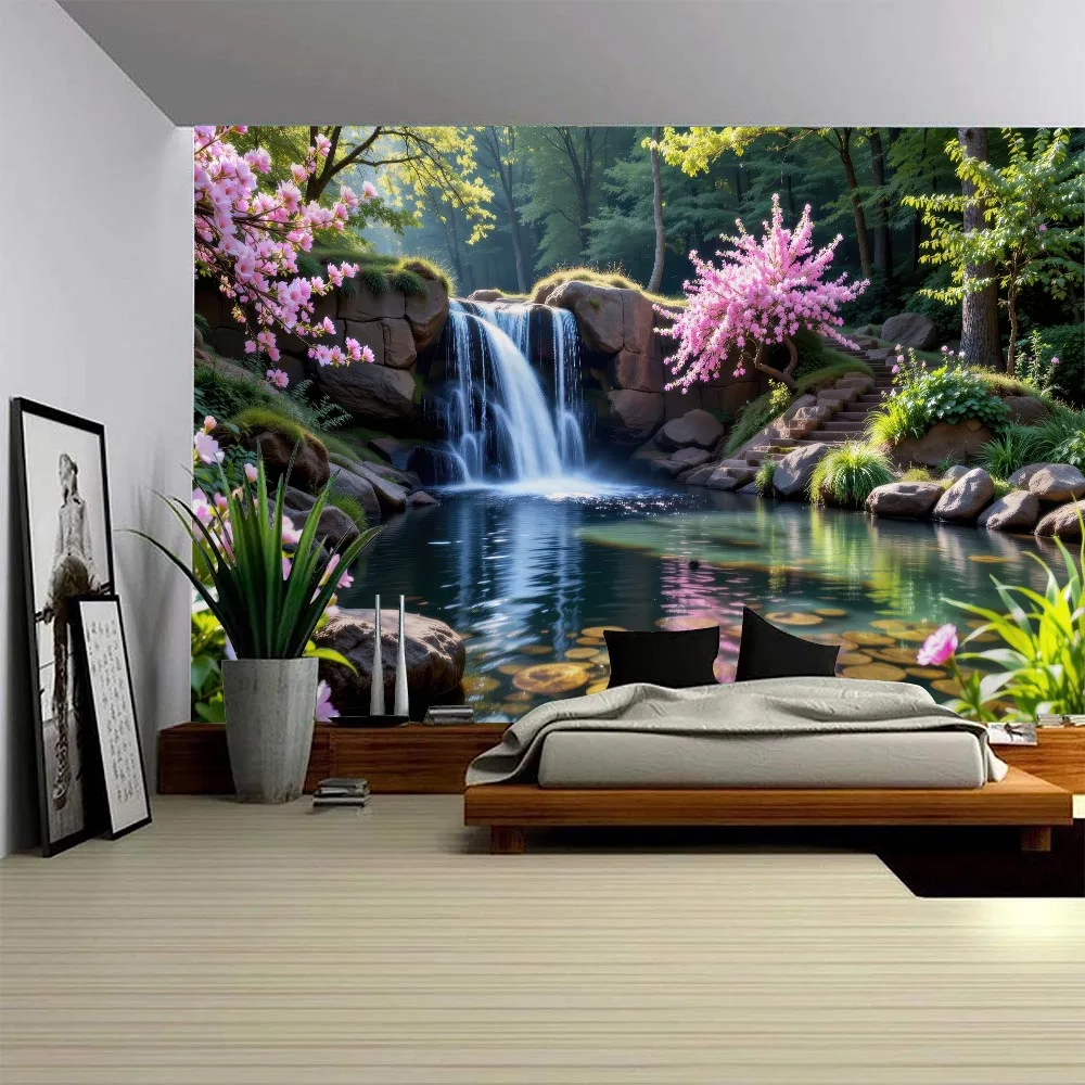 Natural Forest Tapestry Wall Hanging Bedroom Aesthetics Plants Flowers Flowing Pool Landscape Sofa Wall Background Cloth