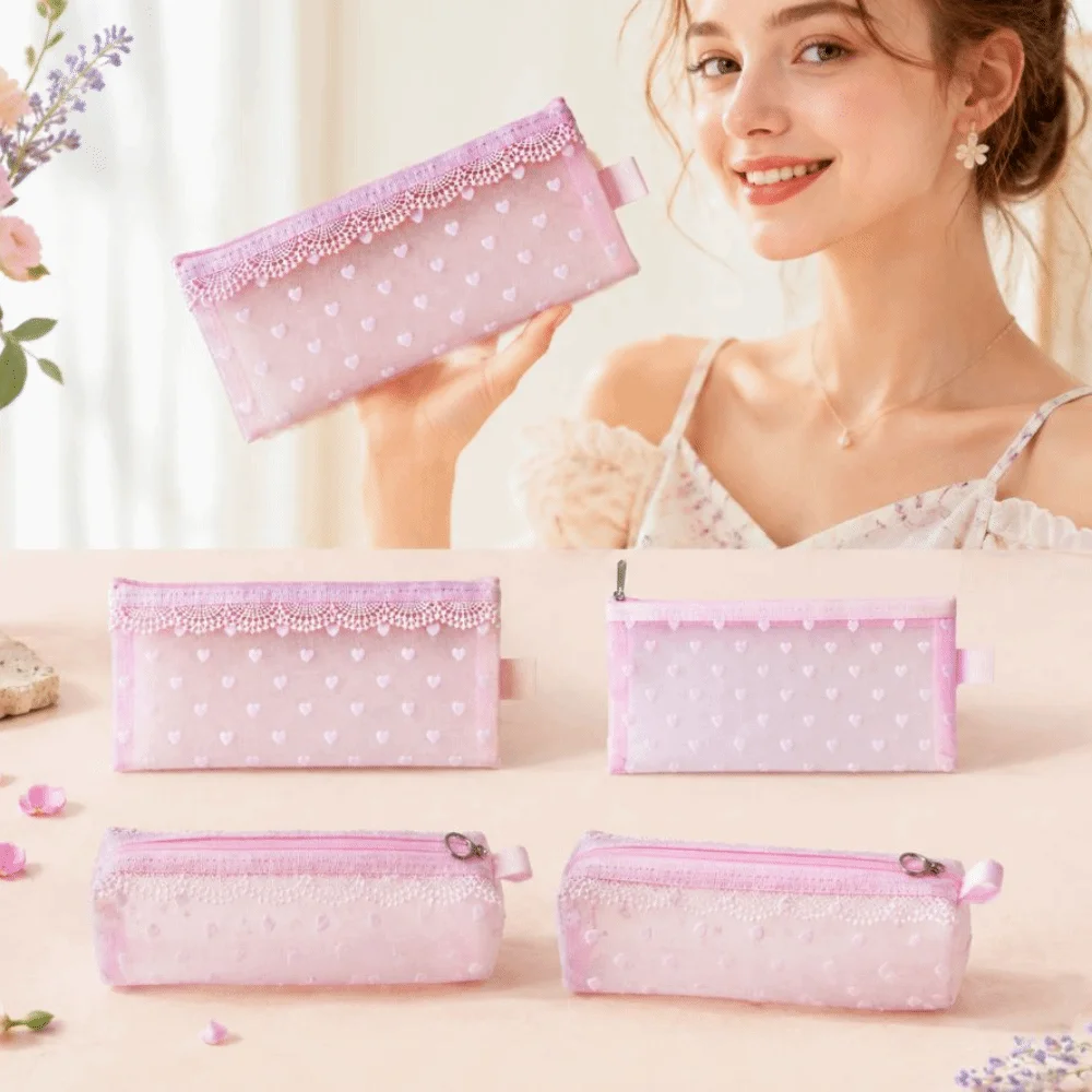 Cute Flower Edges Cosmetic Bag Mesh Transparent Makeup Storage Pouch Lace Heart Sweet Toiletry Bag Storage for Travel