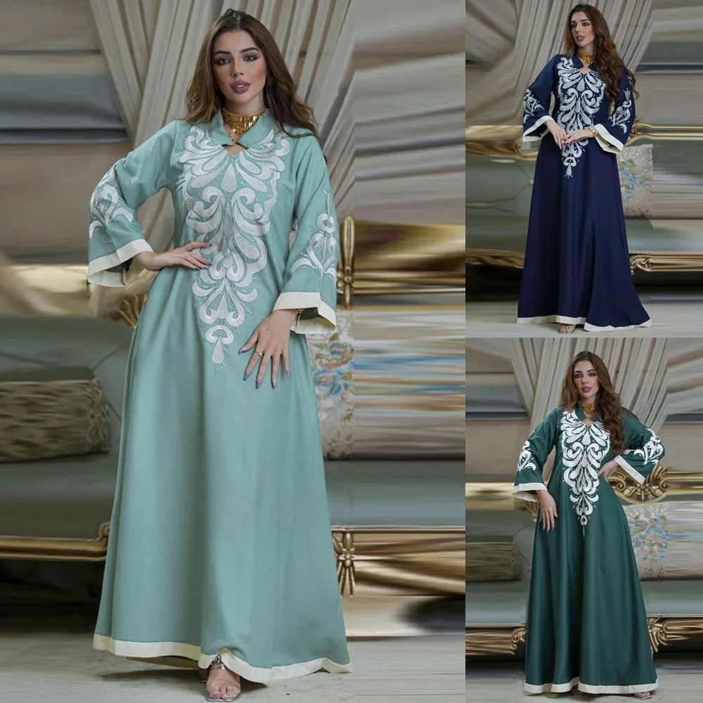 

Vintage Ethnic Embroidered Abaya Dress for Women Autumn 2024 Middle East Dubai Arabic Oman Islam Moroccan Kaftan Muslim Clothes