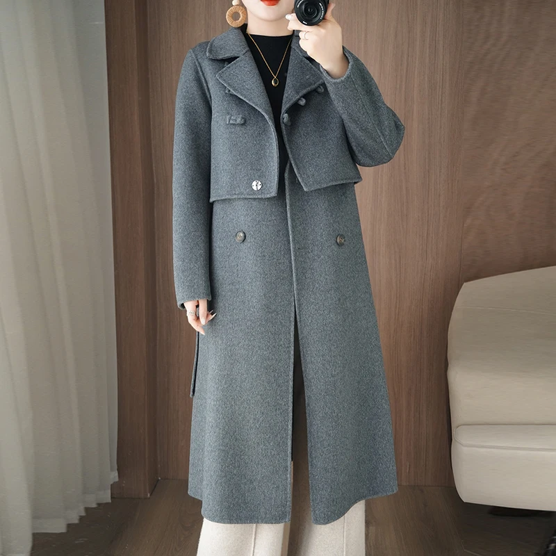 

Комплект из двух предметов, новое женское пальто на пуговицах в китайском стиле, двустороннее шерстяное пальто из 100% шерсти, длинный жилет, топ с разрезом