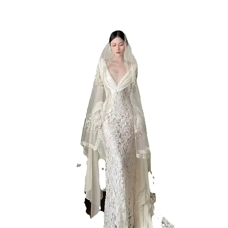 2025 verão novo laço branco francês trigo orelha laço bandana de camada única high-end sentimento casamento da noiva principal headpiece