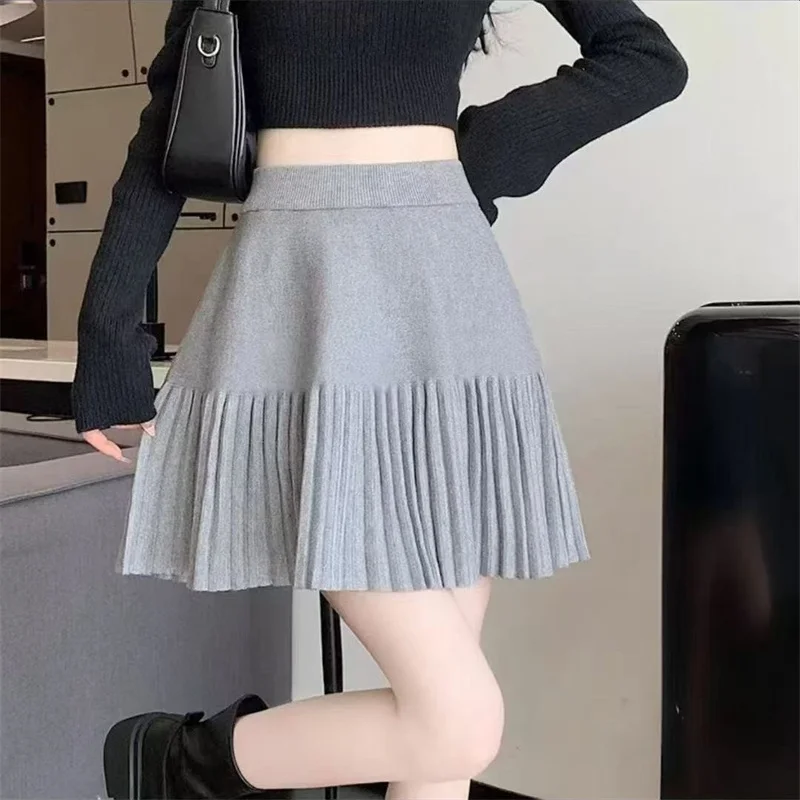 Women Skirt Knitted Sexy Short Skirt Black A-line High Waist Pleated Skirt Elegant Spring Autumn Winter faldas femme jupes
