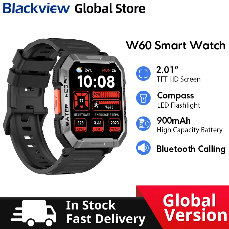 

Новые смарт-часы Blackview W60 с HD TFT-дисплеем 2,01 дюйма, аккумулятором 900 мАч, Bluetooth-звонками, аварийным освещением – прочные смарт-часы для активного отдыха