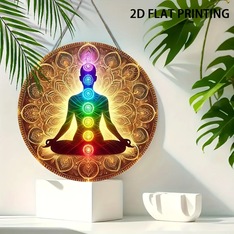 Two-dimensional planar chakra meditation wall decoration - Wooden circular signs with hanging ropes, suitable for homes and bars