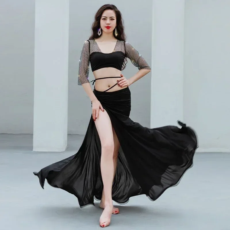 

Women Belly Dance Costume Girls Outfit Group Costume Transparent Sleeves Sexy Net Ruffle Long Skirts 2 PCS Set for Performance