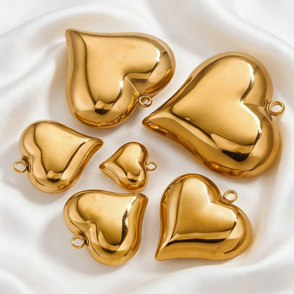 3PCS 304 Stainless Steel 3D Charms Large Heart Polished 18K Gold Plated Pendants For Necklace Bracelet Jewelry Making Finding