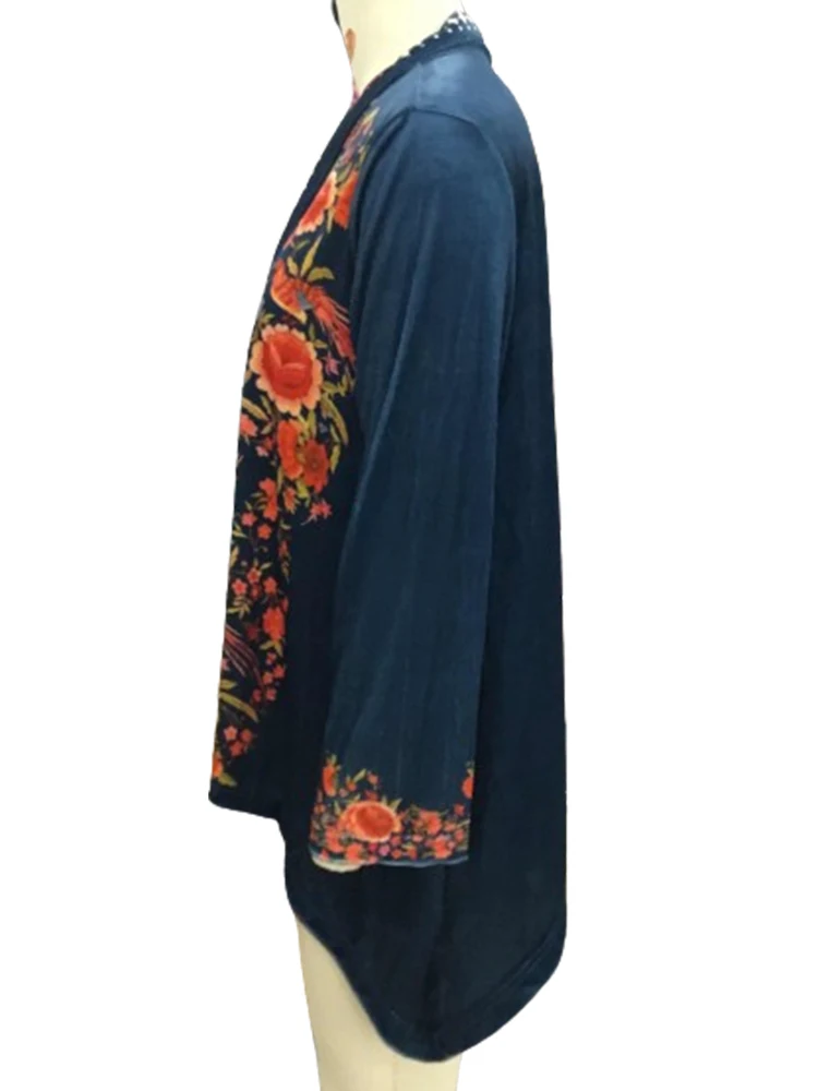 Women Plus Size Cardigan Boho Floral Pattern Open Front Coat Casual Vintage Embroidery Cardigans Autumn Long Sleeve Outerwear