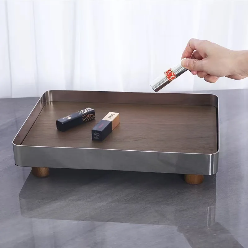 Nordic Minimalist Trays Stainless Steel Housewarming Gift Luxury Trays Walnut Wood Storage Durable Home Decor Plateaux ZY40TP