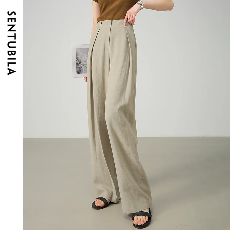 SENTUBILA Texture Linen Pants for Women 2024 Autumn Loose Fit Solid Elastic Waist Folds Comfort Wide Leg Pants 143K57611X