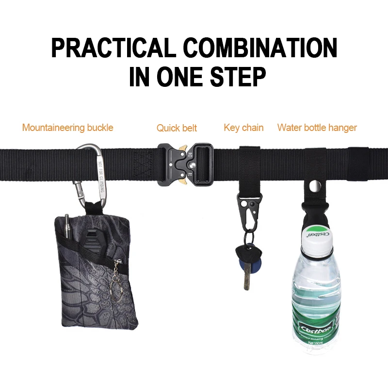 Quick Release Tactical Belts Men Canvas Waistband with Water Bottle Hanging Hook Carabiners Outdoor Hunting Gear Kit