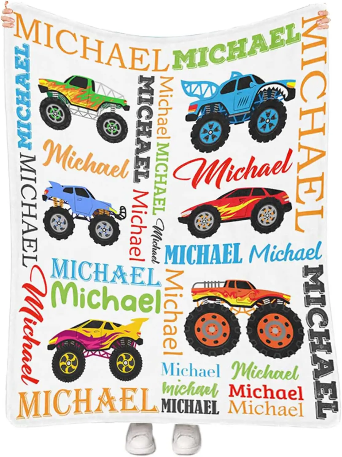 بطانية مخصصة مع الاسم ، شخصية الوحش الشاحنات تصميم الطفل رمي البطانيات للفتيات الفتيان طفل حديث الولادة عربة