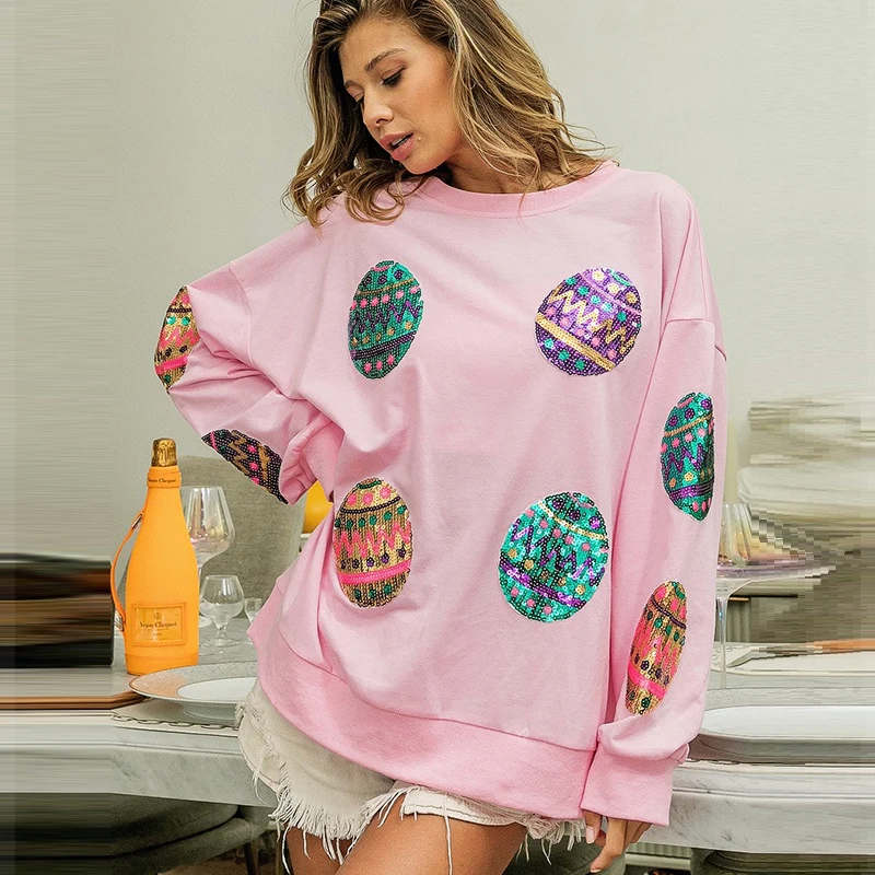 Women Easter Egg Sequin Sweatshirt 2024 Spring Autumn Casual Long-sleeve O-neck Pullover Fashion Loose Crew Neck Outwear Tops