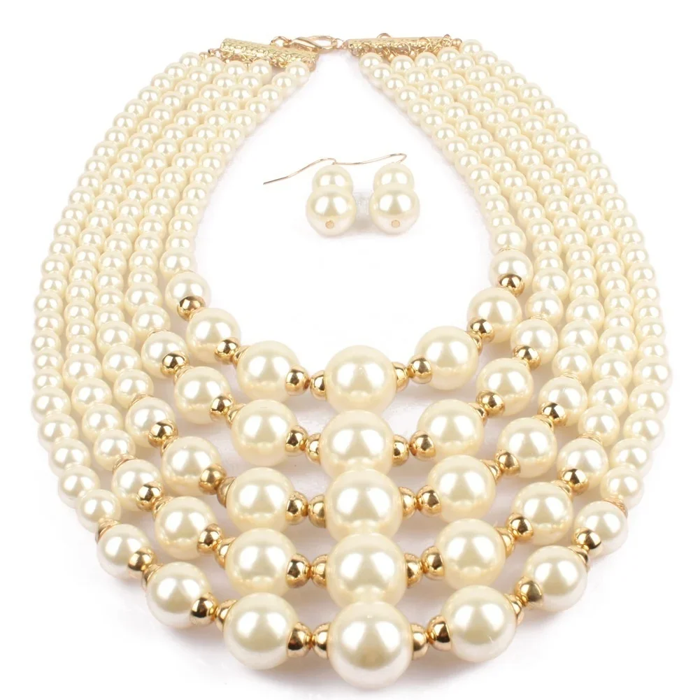 Fashion Wedding Jewelry Set Multi-layer Imitation Pearl Chain Bride Necklace Accessories for Women