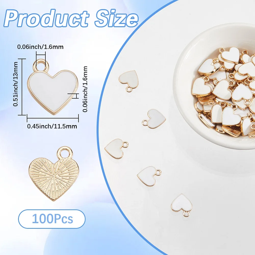 

100Pcs Alloy Enamel Charms Heart Light Gold White 13x11.5x1.6mm Hole: 1.6mm