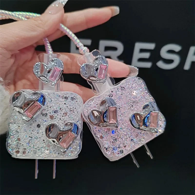 Glitter Rhinestones Love Heart Silicone Charger Case For IPhone 11 13 14 15 18W-20W Fast Charge Protection Cover Charger Sleeve