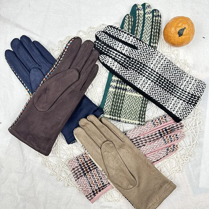 Girls Autumn Winter Plaid Suede Gloves Female Students Korean Finger Divided Velvet Thickened Thermal Warm Gloves
