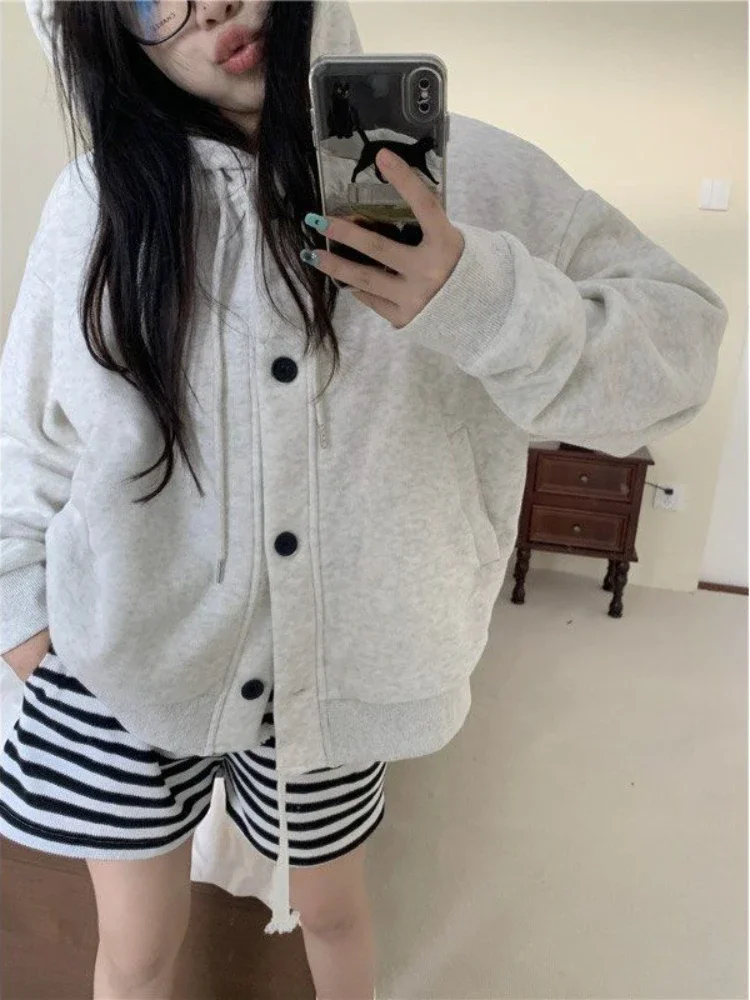 Deeptown Korean Fashion Gray Hoodies Women Harajuku Kpop Oversized Hooded Sweatshirts Female Casual Thin Tops Vintage Streetwear