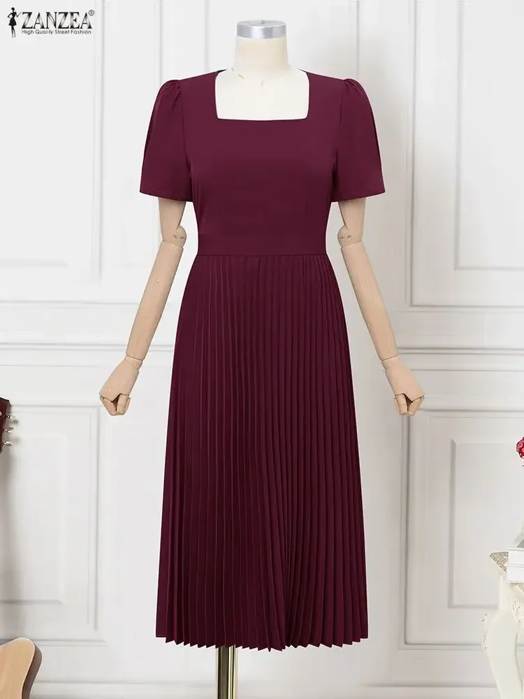 Elegancka damska sukienka midi z plisami na lato, kwadratowy dekolt, długa koszula, sukienka na imprezę, modne sukienki, krótki rękaw, codzienna, jednolita sukienka.
