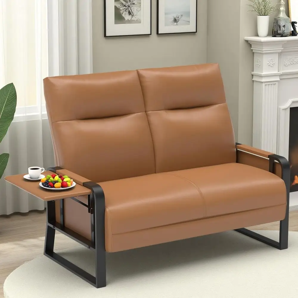 

Leather Loveseat Couch for Living Room Bedroom Office, Small Sofa 2 Seater Couch with Flip Up Tray Table Side Pockets, Brown