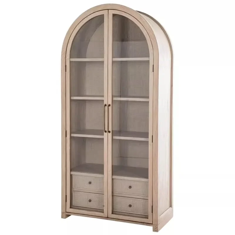 Solid Wood Wine Cabinet Floor-to-ceiling Bookcase American Glass Door Two-door Display Cabinet Retro Arch Locker Custom