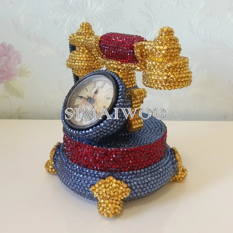 Statue de téléphone rétro en biscuits, horloge de broderie mosaïque, stockage de pièces de monnaie fait à la main bricolage, cadeau décoratif Bling-bling, cadeau en cristal