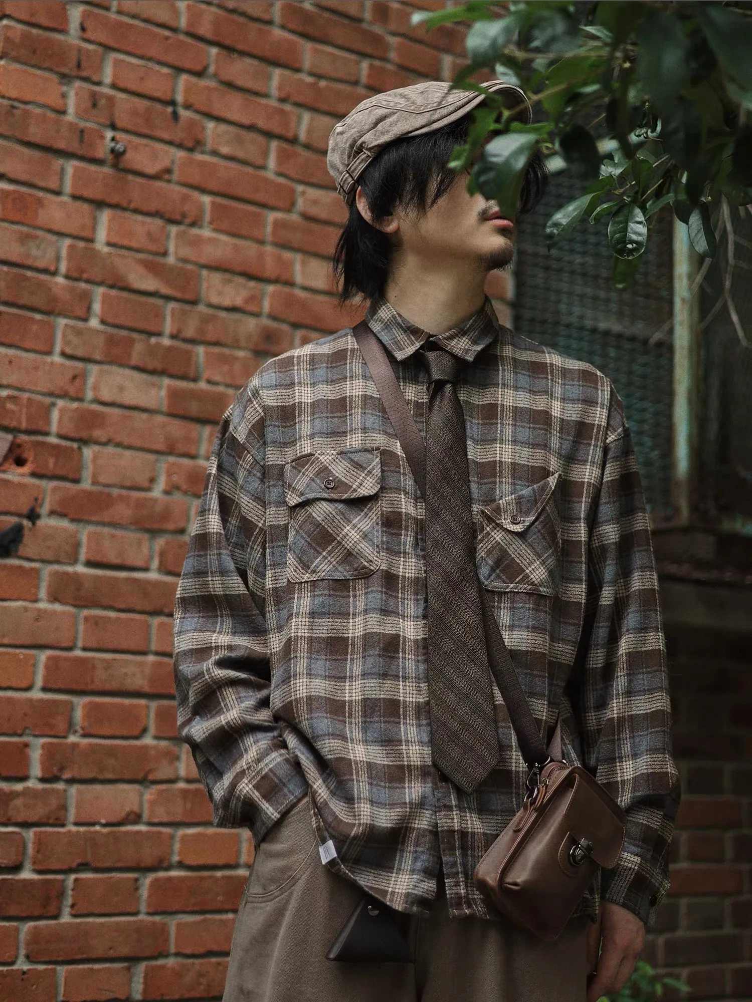 

Retro Japanese Sle Long Sve Plaid irt ex Loose Casual Versatile Couple's Outerwear Trendy Youth Polyester Fiber