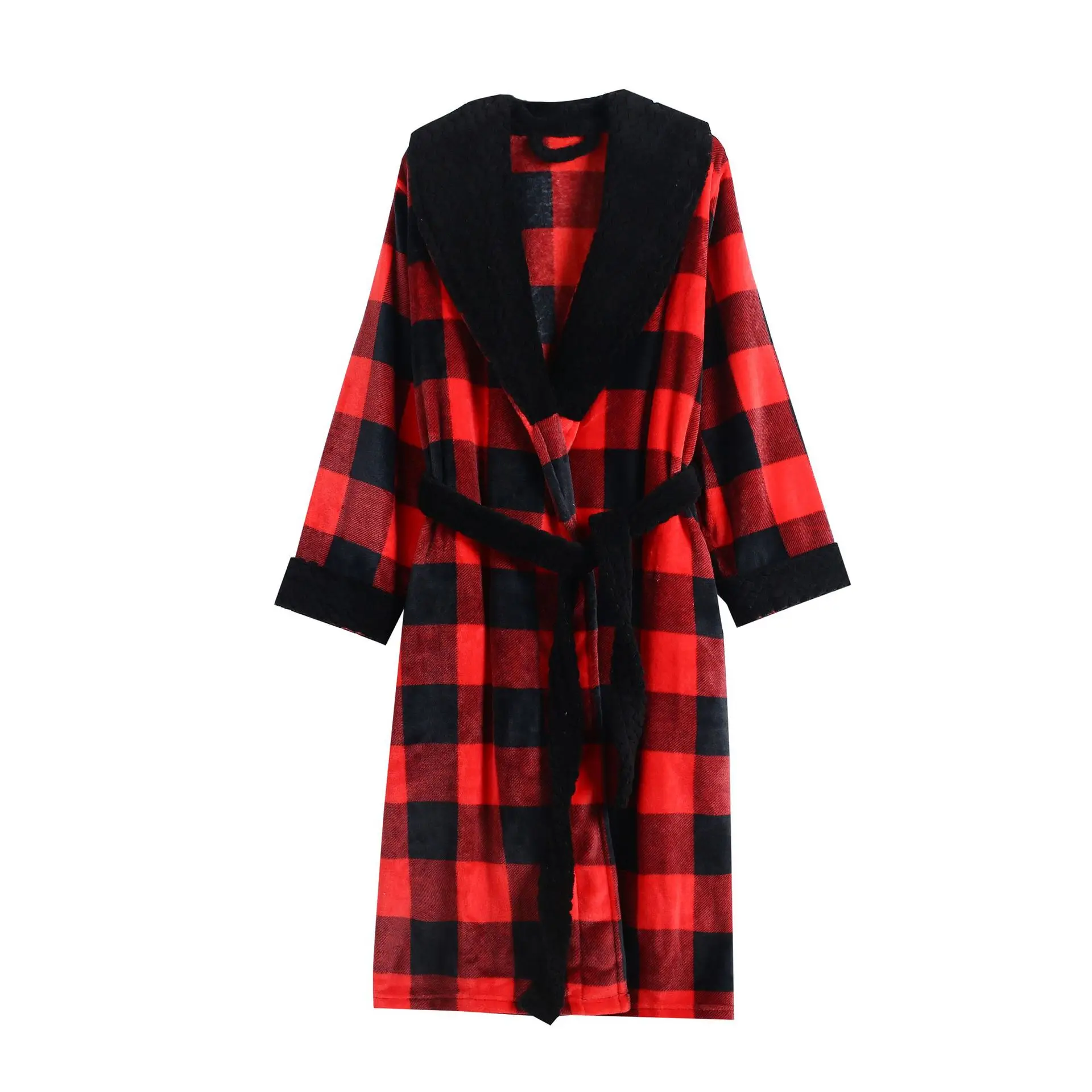 Thicken Flannel Hooded Long Robe Couple Sleepwear Lounge Wear Winter Warm Bathrobe Nightgown Loose Coral Fleece Plaid Homewear