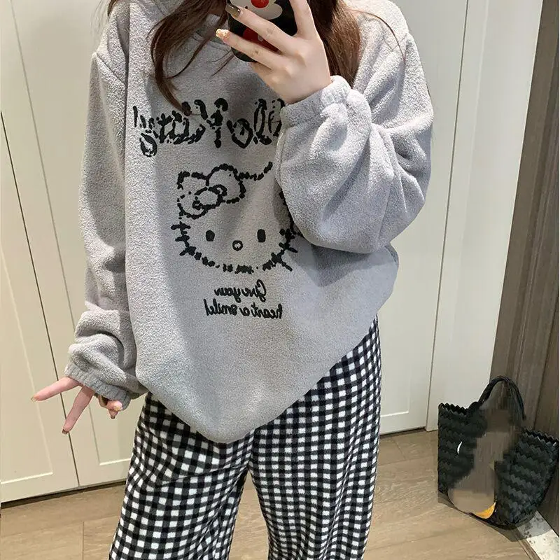 مرحبا كيتي الخريف الشتاء جديد طالب الكرتون ملابس خاصة النساء الحلو لطيف أنيمي مريحة فضفاضة عادية Outable ملابس المنزل مجموعة