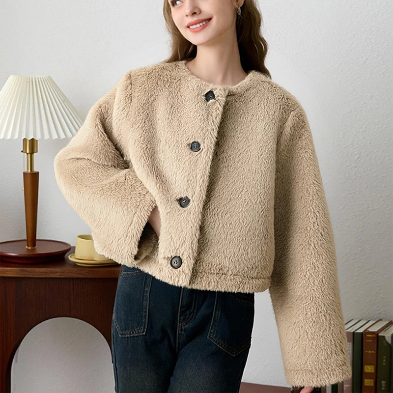 

2025 Autumn/Winter New Women's Round Neck Long Sleeve Faux Leather Effect Short Jacket Fashion Furry Coat