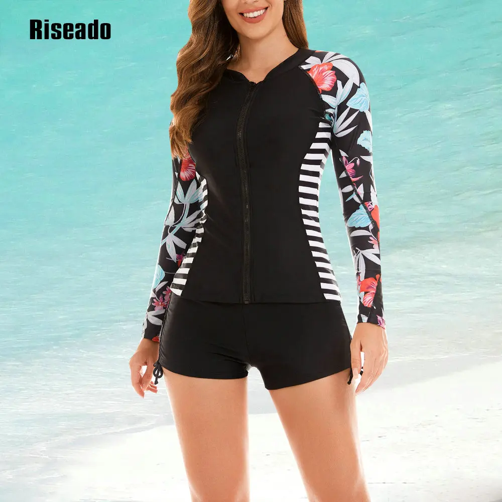 Riseado 2025 New Bikini Set Women's Long Sleeves Rash Guard Athletic Swim Tankini Sets Swimsuit