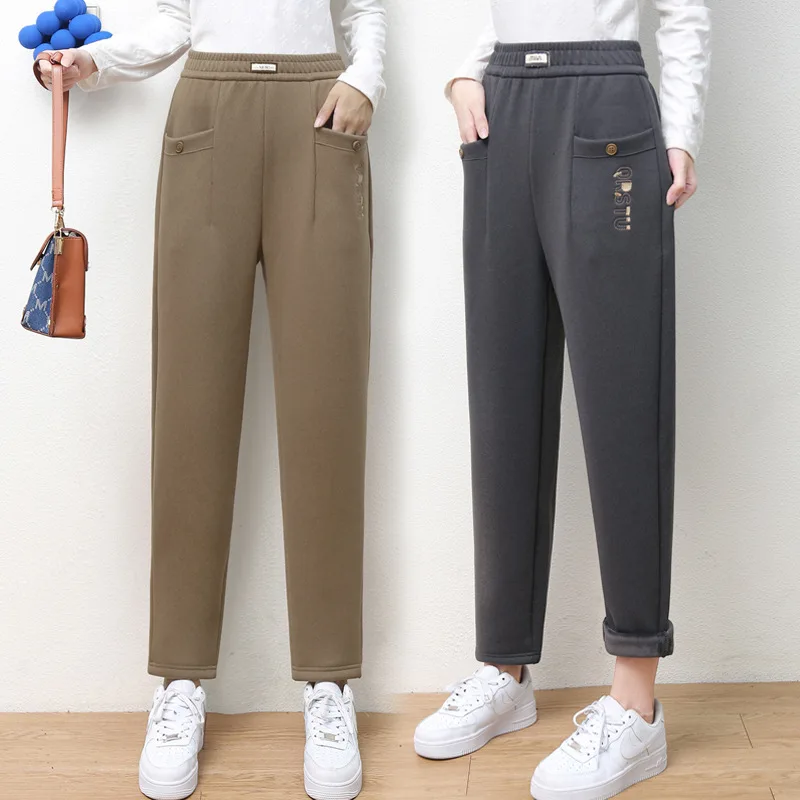 

Thickened Woolen Winter Trousers High Waist Loose Fit Women's Pants Windproof Fleece Lined Casual Trousers Warm Autumn Clothes