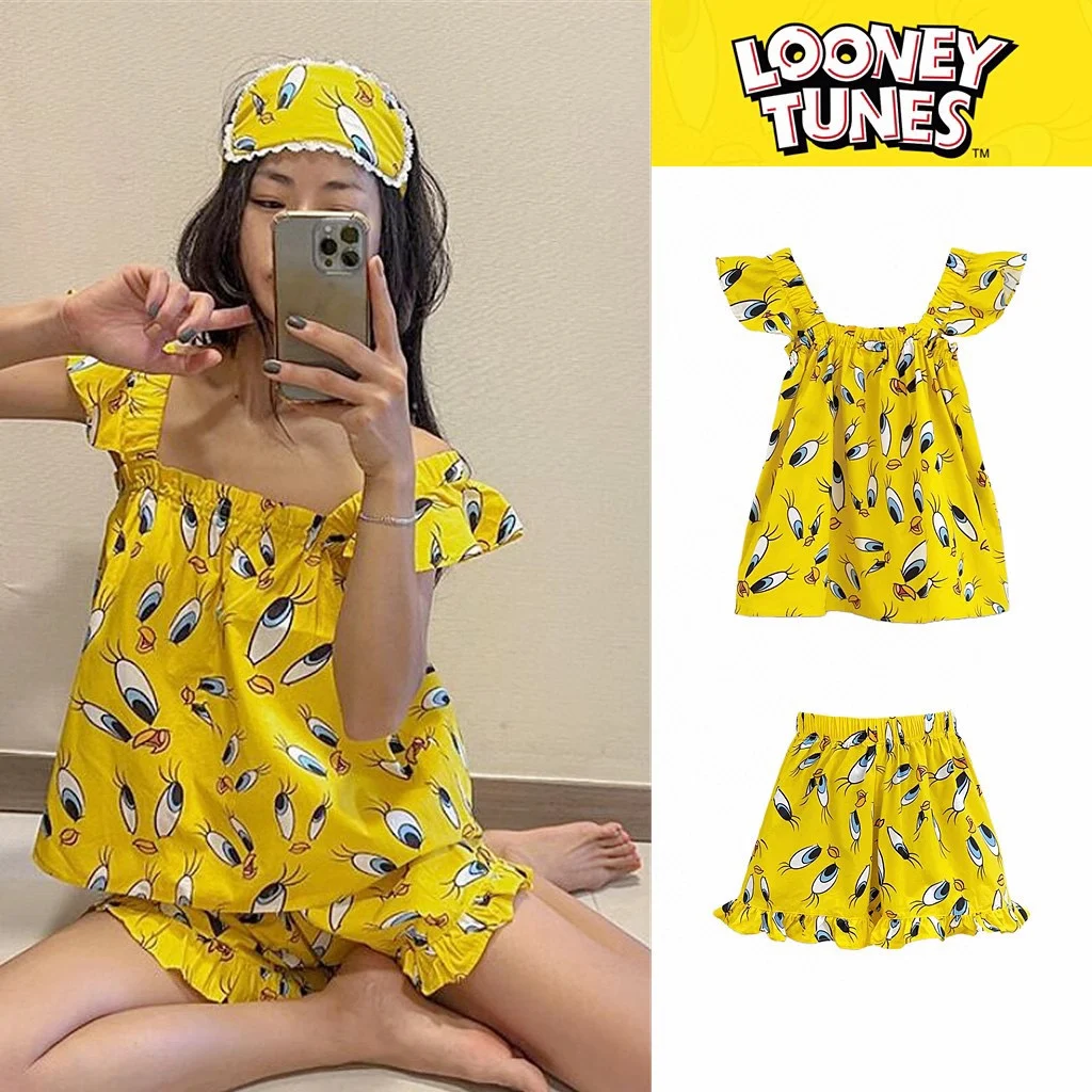 

Looney Collaborative Edition Домашняя одежда Spwear Набор масок для глаз Женский летний легкий комплект с цветочным принтом на одно плечо...
