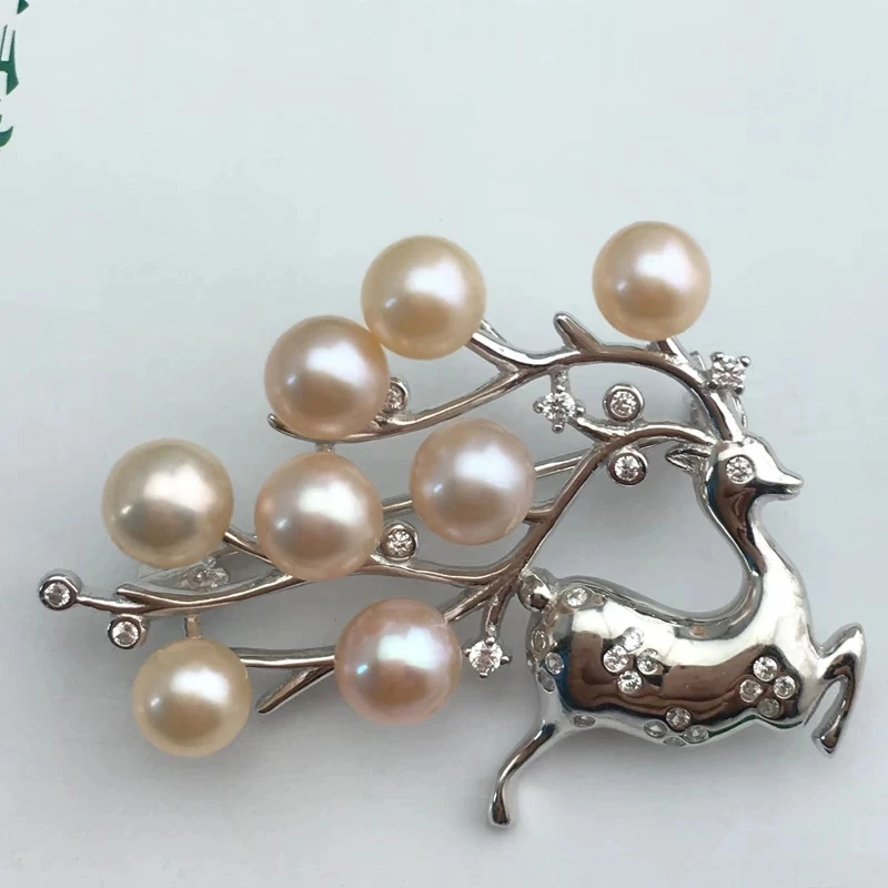 Christmas Deer 925 Sterling Silver Brooch Mounts Base Findings Settings Mountings Jewelry Fittings for 4-6.5mm Pearls 3pcs/lot