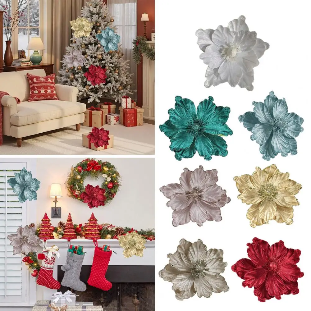Large Glitter Magnolia Christmas Flower Xmas Tree Pendant Artificial Magnolia Flowers Fake Flower for DIY Home New Year Decor