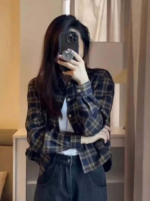 

Женская фланелевая рубашка в клетку с длинным рукавом, винтажная, на пуговицах, повседневная, весна-осень, модная, маленький размер