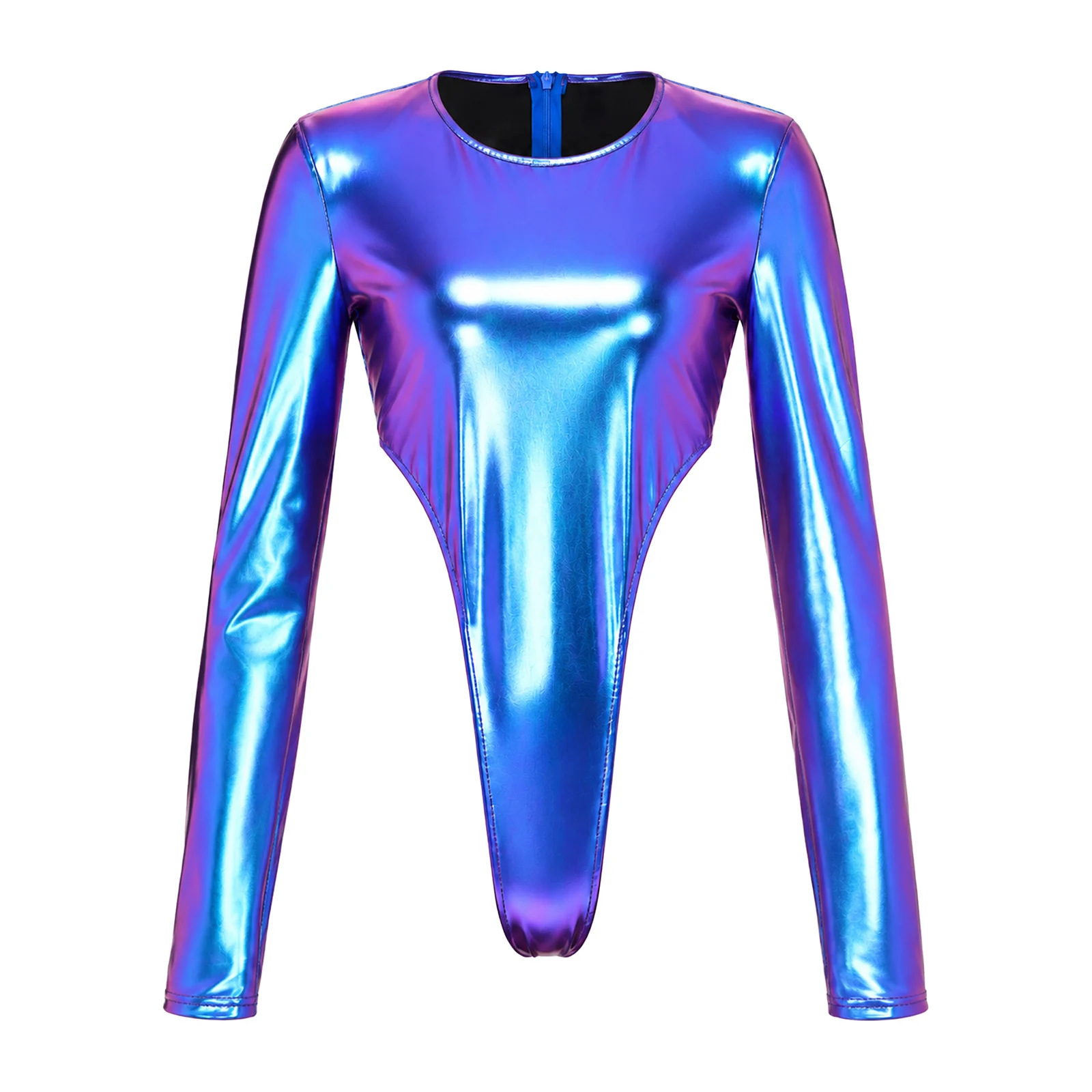 Womens Metallic Bodysuit Long Sleeves Back Invisible Zipper High Waist Leotard for Clubwear Rave Party Music Festival Stage Show