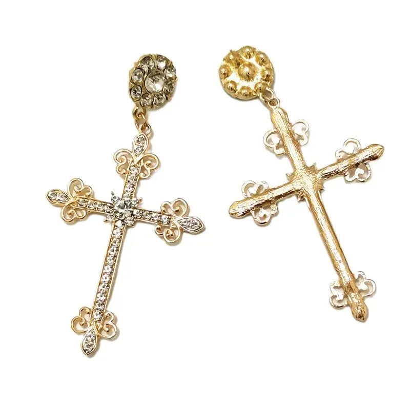 KUGUYS Showily Cross Dangle Earring for Women Drop Metal Crystals Gold Color Long Religious Classic Jewelry Vintage Accessories