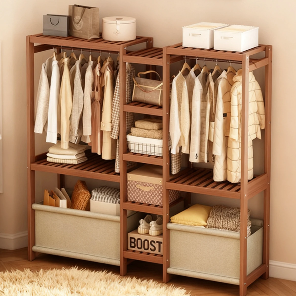 Valet à vêtements en bambou combinable (5 tailles) – Organiseur avec tige de suspension, étagères et panier en tissu pour placard et chambre à coucher