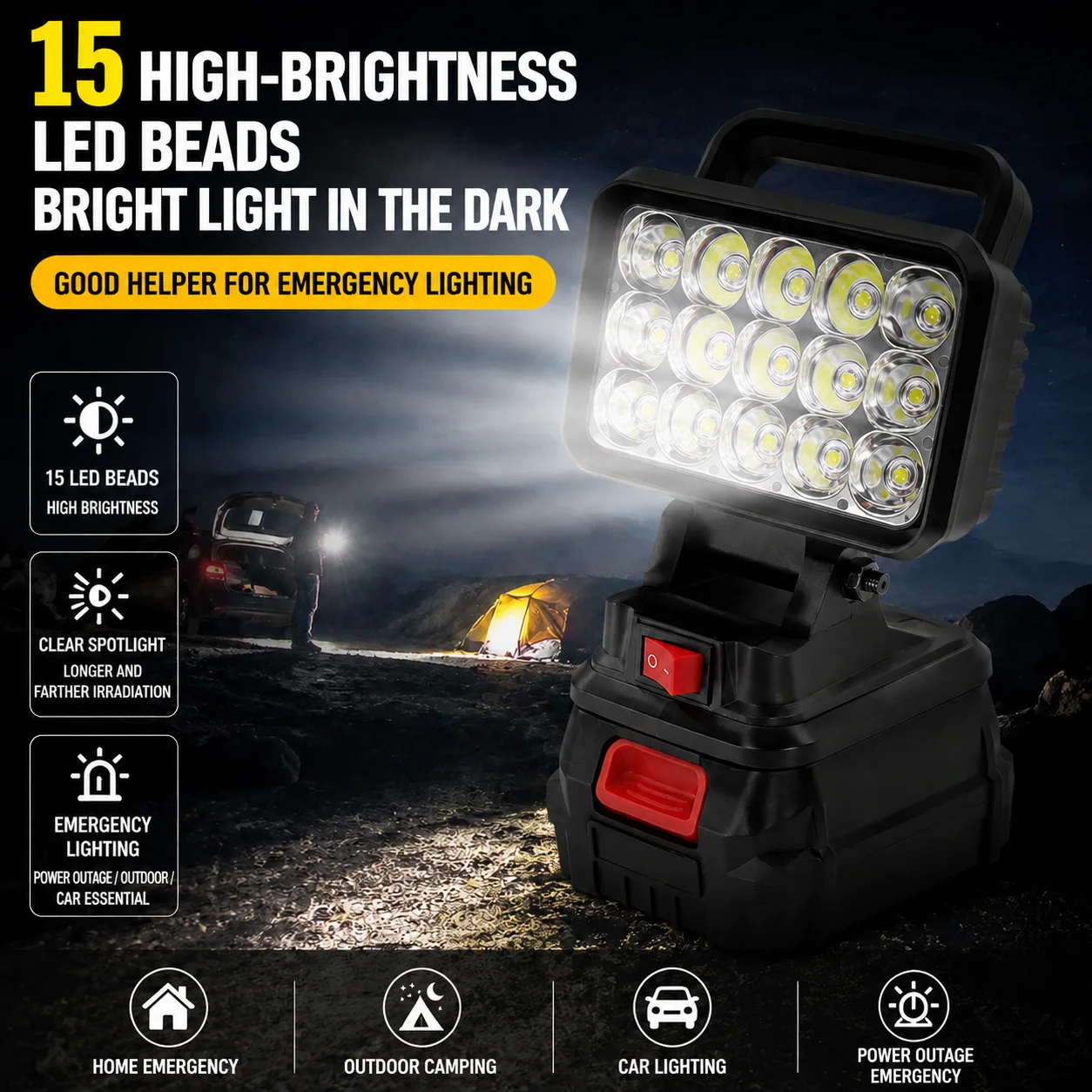 2-inch 18-bead handheld light, Miwaukee, DeWalt pin type, suitable for outdoor camping, construction sites, and fishing.