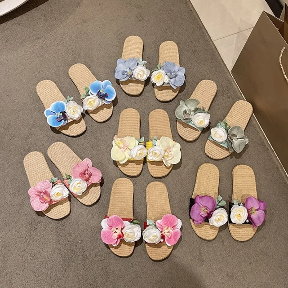 

Сладкие мягкие льняные тапочки с цветочным узором, сандалии с орхидеей на плоской подошве и жемчугом, нескользящие тапочки с орхидеей-бабочкой, пляжные отпускные тапочки